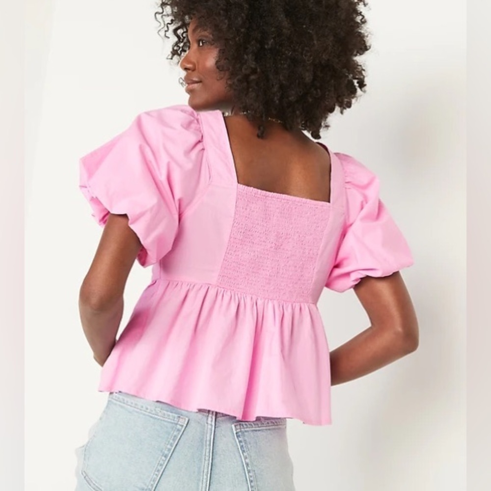 Puff-Sleeve Ruched Smocked Babydoll Swing Blouse Pink XXL - Picture 6 of 7
